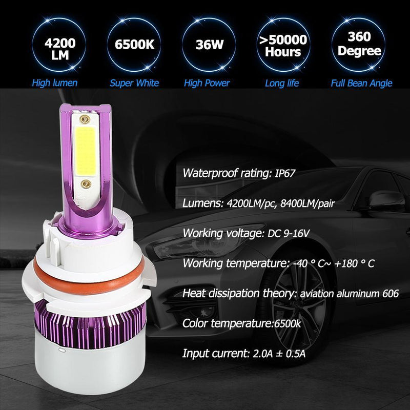 1 Pair COB LED Car Headlight Bulbs 72W 6500K Auto Headlamp Fog Light IP67 Purple