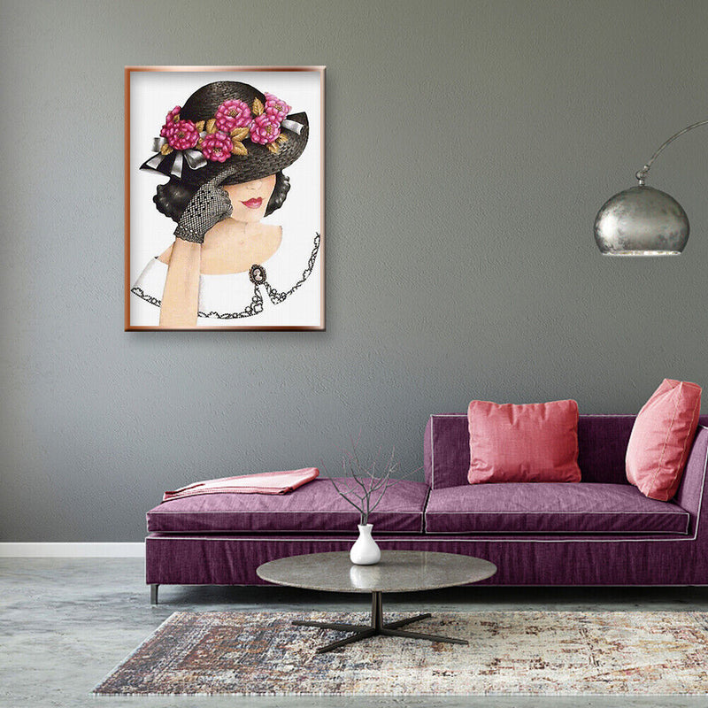 DIY Mosaic Kit 5D Round Painting Full Diamond Drill Woman with Flower Hat Gift