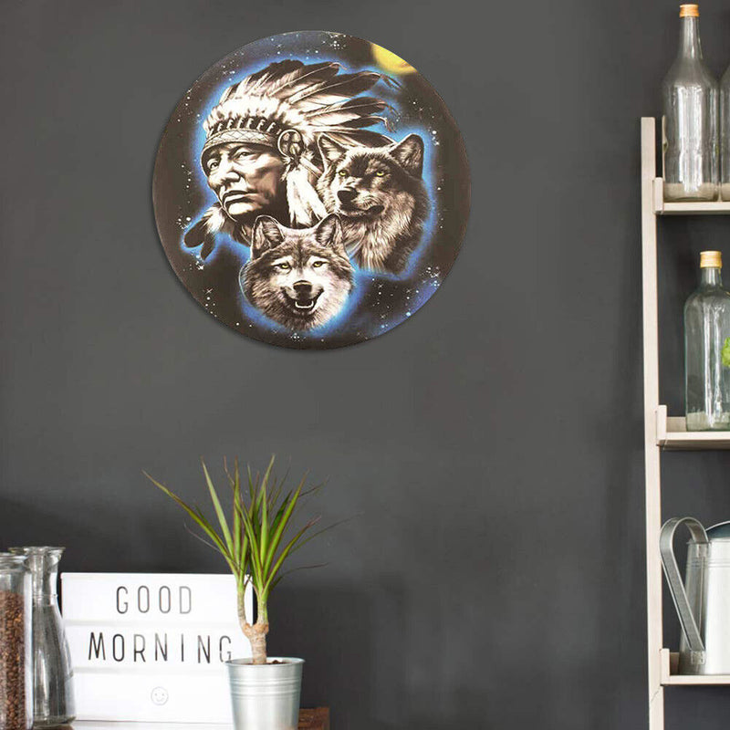 Round Metal Tin Sign Plaque Wall Old Man Wolf Posters Iron Art Painting