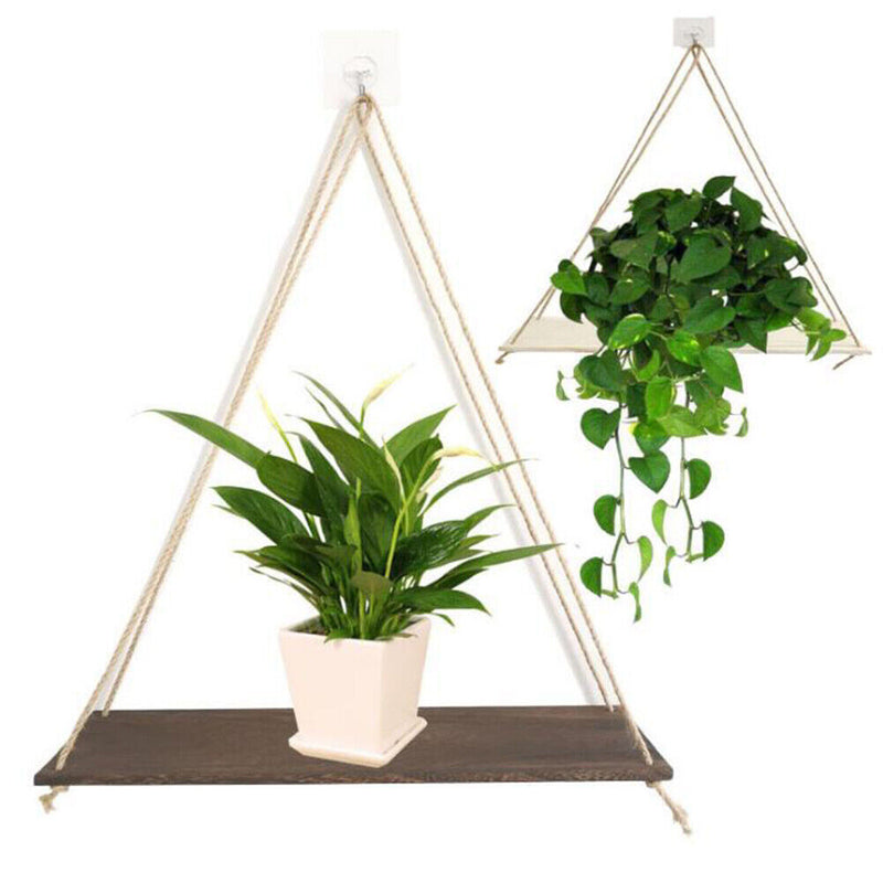 Wood Swing Hanging Rope Plant Pot Rack Indoor Outdoor Decor Shelves (B)
