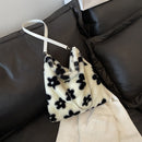 Women Fashion Flower Bear Print Chain Handbags Autumn Winter Plush Shoulder Bag