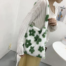 Retro Women Winter Flower Print Plush Large Capacity Tote Shoulder Shopping Bags