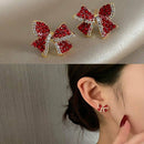 Women Gifts Hoop Rhinestone Dangle Red Bow Earrings Stud Jewelry Zircon