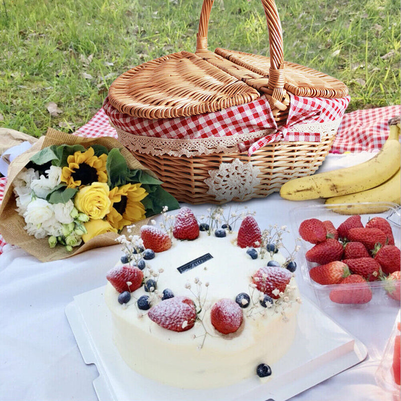 Small Picnic Wicker Basket Camping Fruit Food Rattan Hamper (Red Lattice) Newly