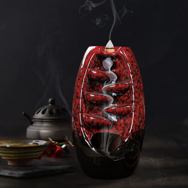 Incense Holder Ceramic Backflow Waterfall Incense Burner with 50 Cones (B) Newly