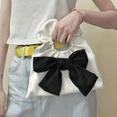 Retro Pleated PU Leather Bowknot Tote Bag Women Contrast Color Small Handbags