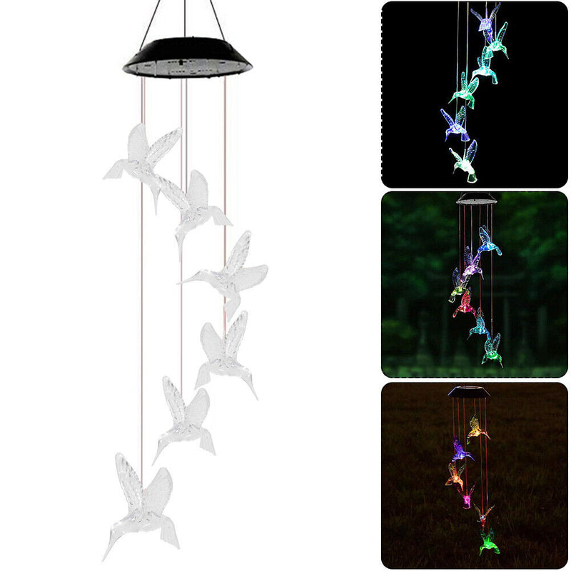 Solar LED Color Changing Wind Chime Lamps Hummingbird Pendant Lights (C) Newly