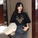 Women T-Shirt Short Sleeve Leopard Deer Print Summer Casual Tops (Black L)