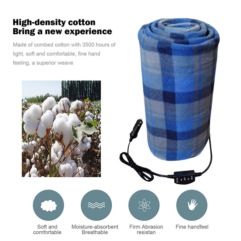 Electric Car Blanket - 12V Heated Travel Blanket - Unwashable (Blue Plaid) Newly