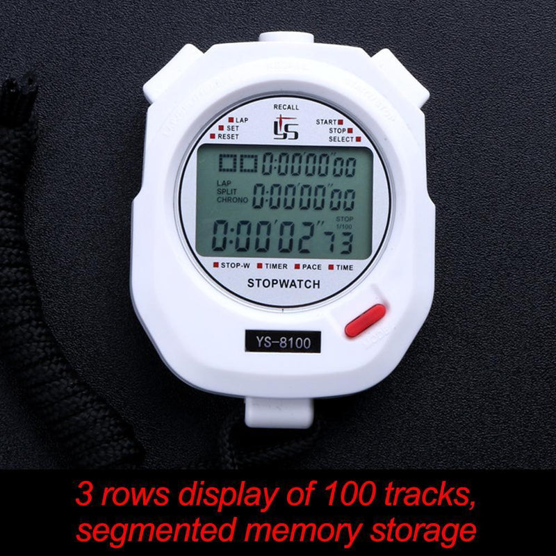 Digital Stopwatch Chronograph Sports Timer Stop Watch (White/ 100 Tracks) Newly