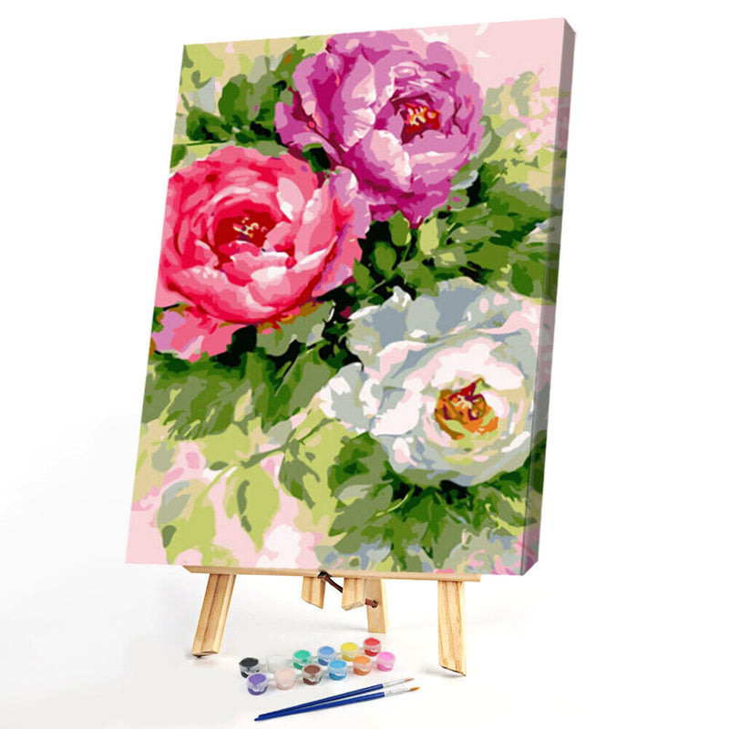 16x20 inch Oil Painting By Numbers Three Flowers DIY Canvas Drawing Set No Frame
