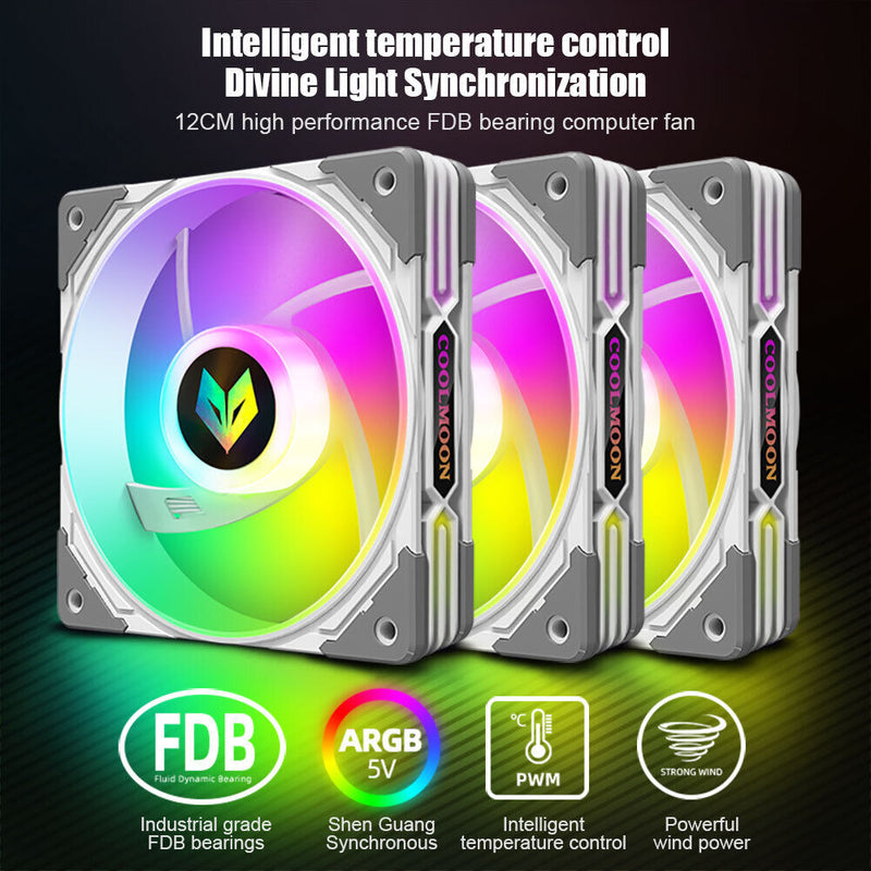 COOLMOON CPU Cooler 3 Pin ARGB FDB Bearing PWM PC Quiet Cooling Fan (White)