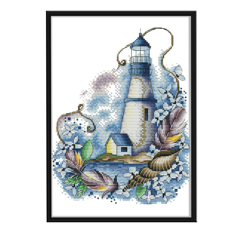 Cross Stitch Kit DIY Blue Lighthouse 14CT Stamped Needlework 22X29cm (F965)