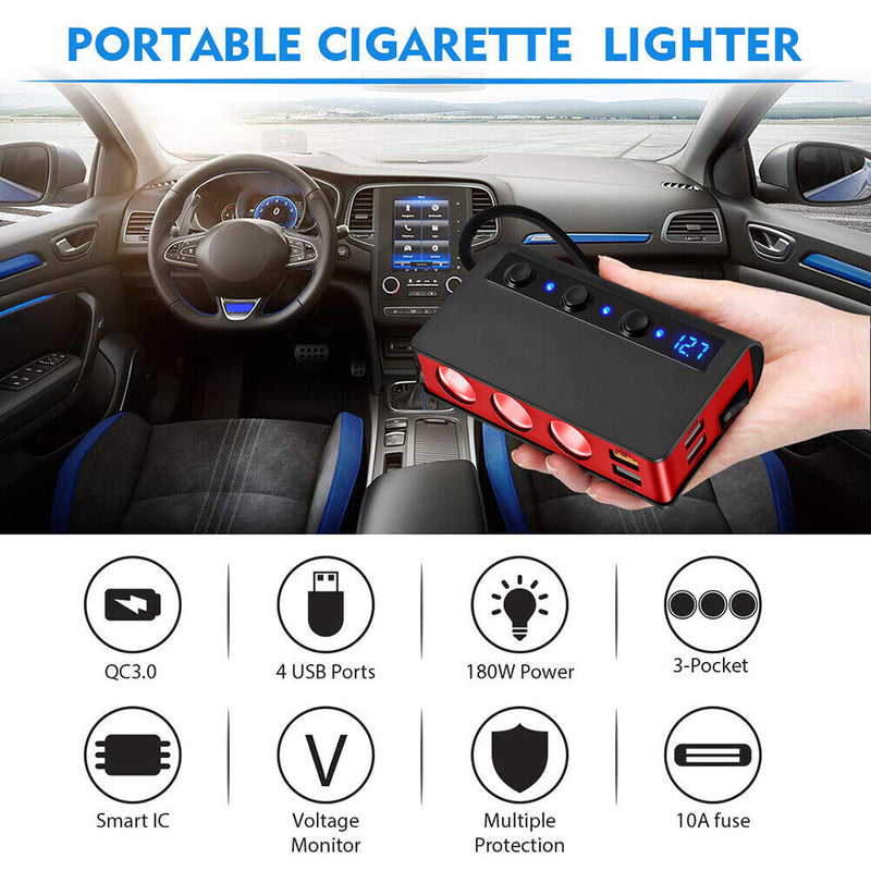 QC3.0 Cigarette Lighter 3 Socket 180W Power Adapter USB Car Charger (Red) Newly