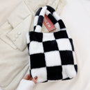 Lattice Print Plush Shoulder Bag Handbag Autumn Winter Hit Color Underarm Bags