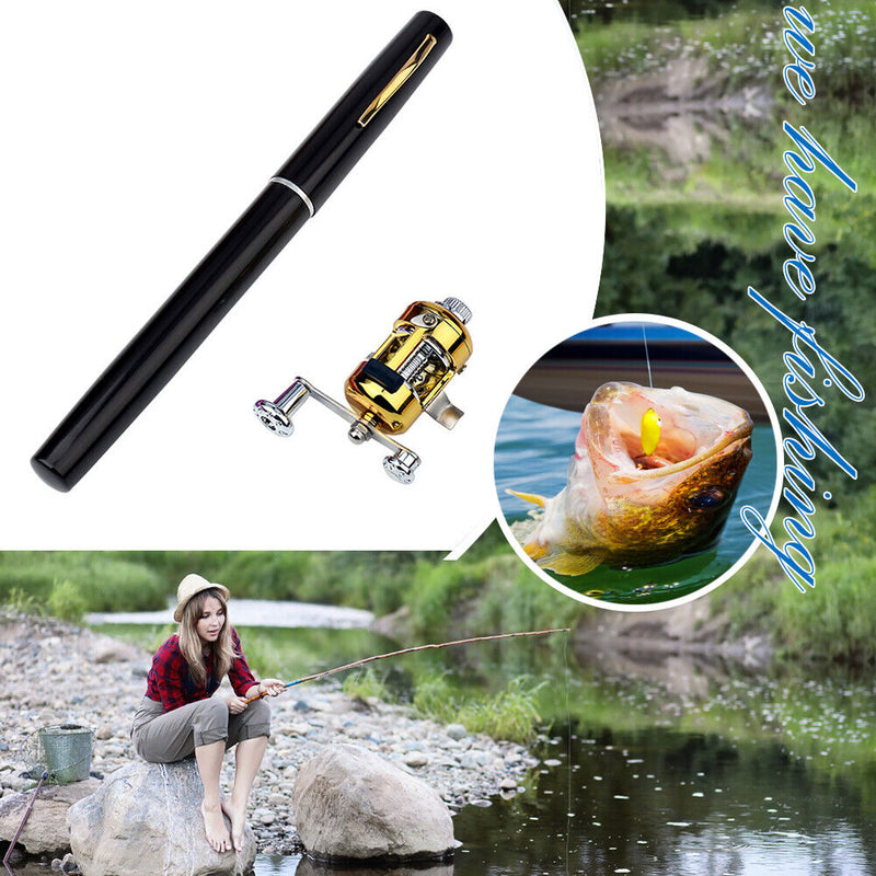 Portable Pocket Mini Aluminum Pen-Shape Fishing Rod w/ Reel Wheel (Black) Newly