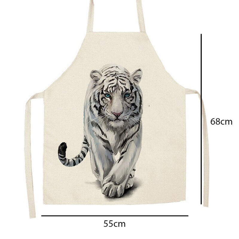 #A White Tiger Print Apron Linen Waterproof Cooking Bib Sleeveless Kitchen Oil