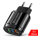 EU Plug 3 Port USB Charger QC3.0 Wall Phone Fast Charging Adapter (Black)