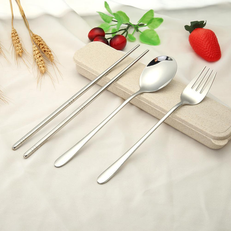 4pcs Stainless Steel Dinnerware Set Portable Chopsticks Spoon Fork Tableware