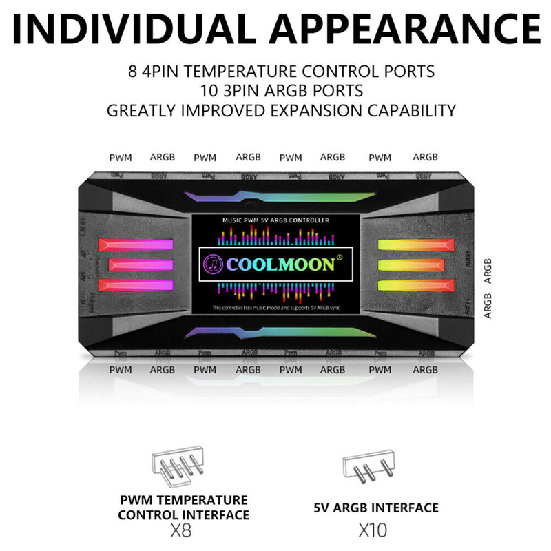 CoolMoon ARGB Controller 4 Pin PWM 5V 3 Pin for PC Case Cooling Fan (Black)