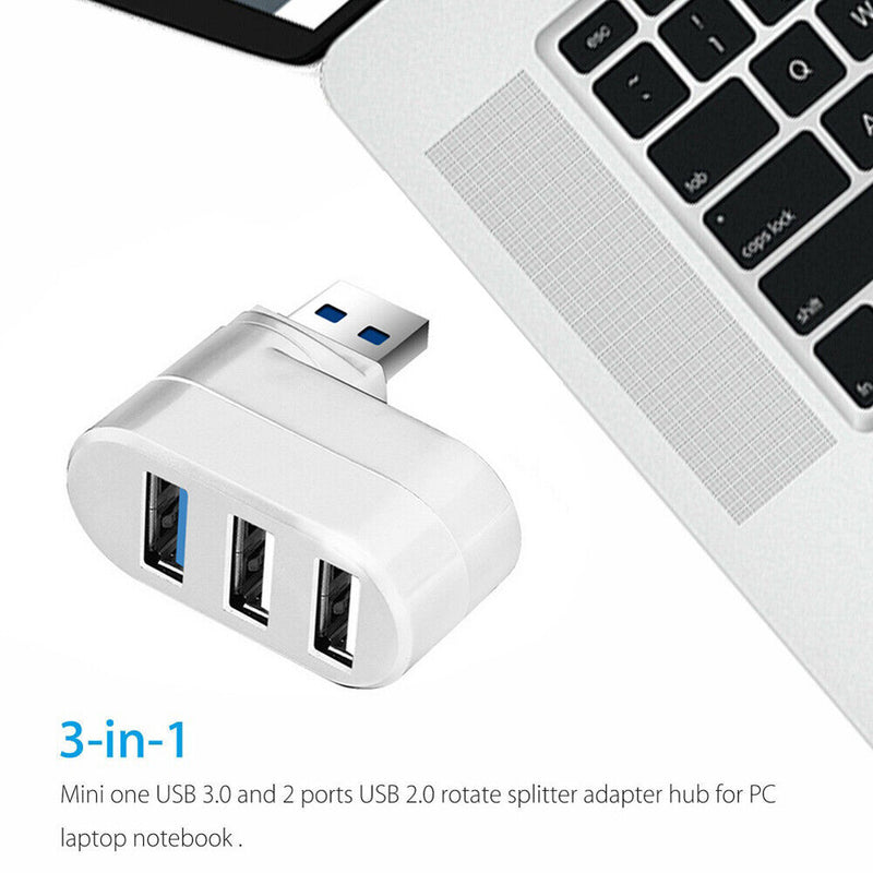 Mini Rotatable 3 Port USB Hub U Disk Reader Splitter for PC (USB 3.0 White)