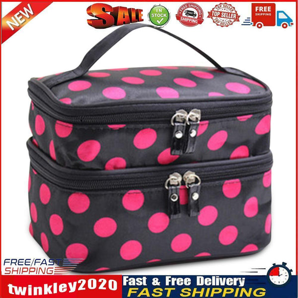 Double Layer Cosmetic Bag Travel Makeup Storage Case (Black+Red Dot) Newly