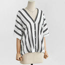 Stripe Loose Bat Short Sleeve T-shirt V-Neck Button Women Blouse (Black XL)