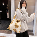 Women Plush Bear Pattern Shoulder Bag Winter Large Crossbody Bag (White)