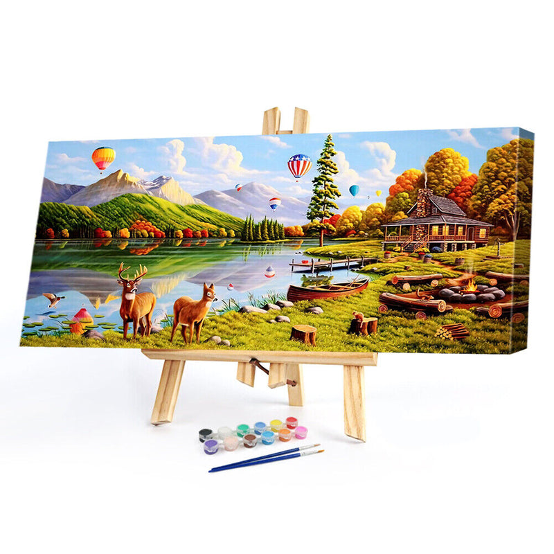 Mountain Lake Deer Oil Paint By Numbers Kit DIY Acrylic Painting on Canvas Set