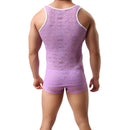 Sexy Lace Men Breathable Perspective Vests Tank Tops Undershirt(Purple/XL)