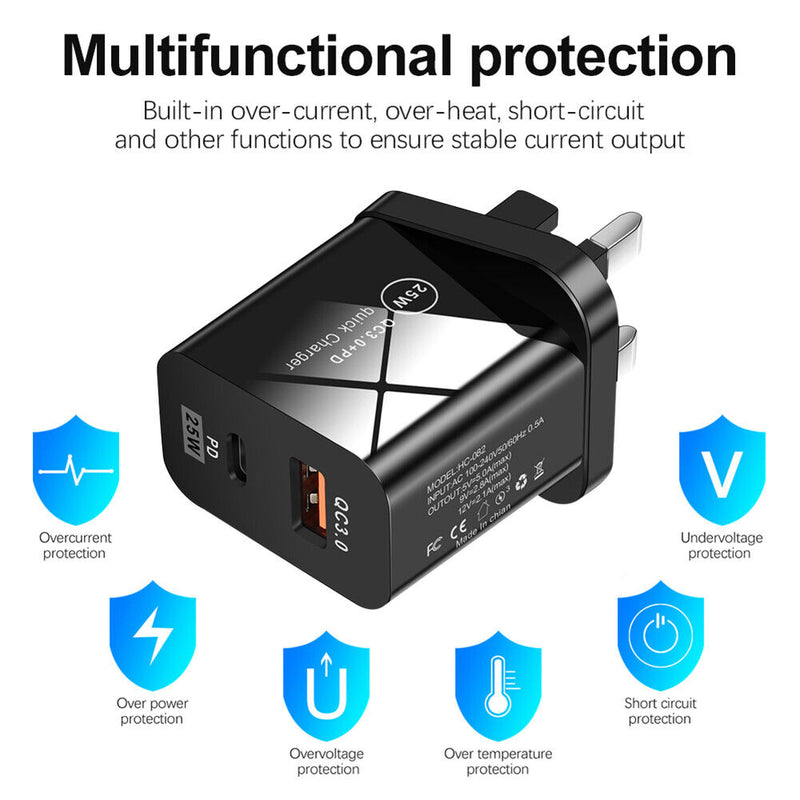 25W QC3.0+PD Dual Port Phone Fast Charging Adapter Smartphone Power Supply Head