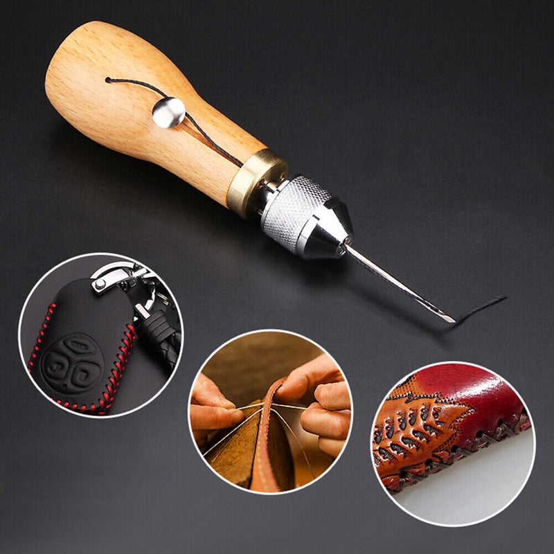 Wooden Handle Leather Sewing Stitching Punch Awl Wax Thread Needles Repair Tool