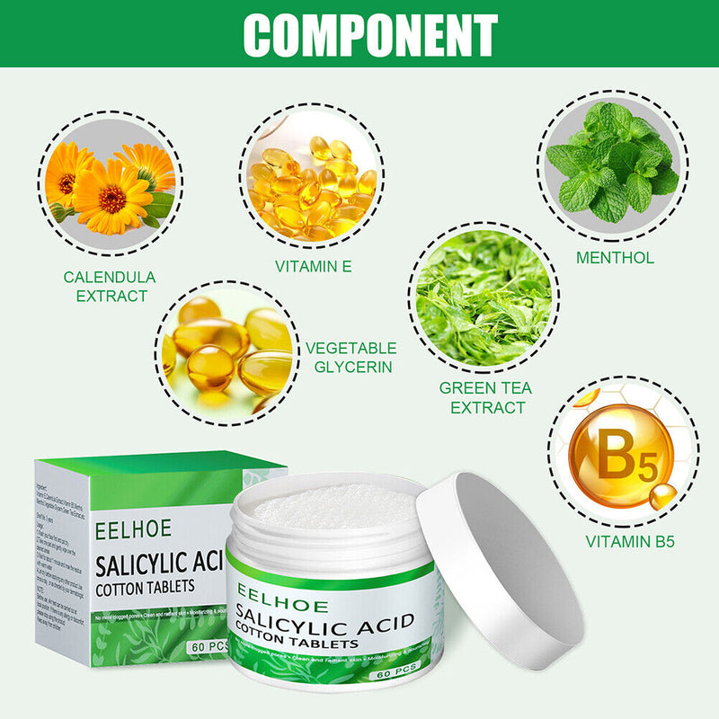 60pcs Salicylic Acid Cotton Pads for Acne Shrinking Pores Facial Exfoliating