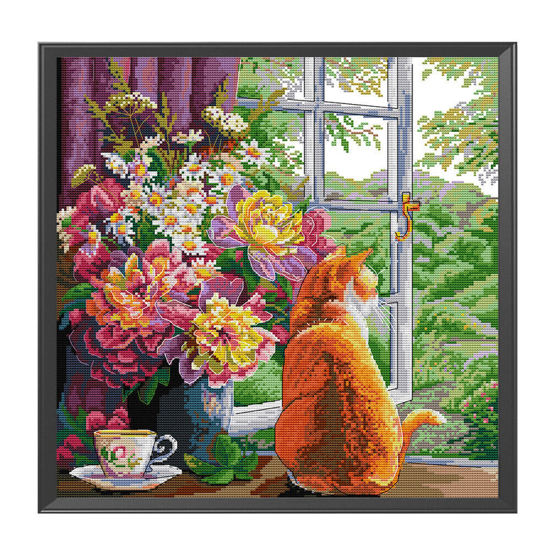 Partial Embroidery 14CT DIY Cat Flowers 2 Strands Kit Stamped Cross Stitch Craft