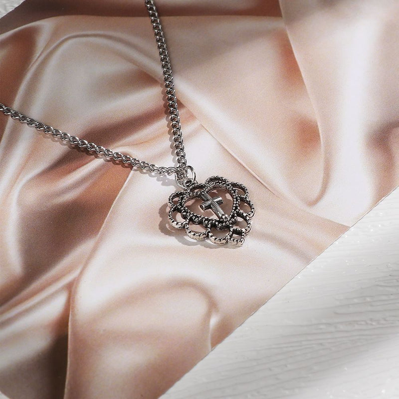 Women Punk Cross Necklace Hollow Heart Pendant Clavicle Chain Jewellery