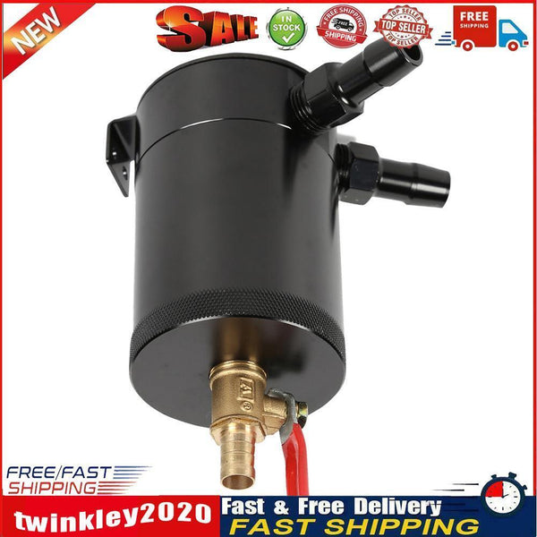 2-Port Baffled Aluminum Alloy Oil Catch Can Tank with Drain Valve Black Newly