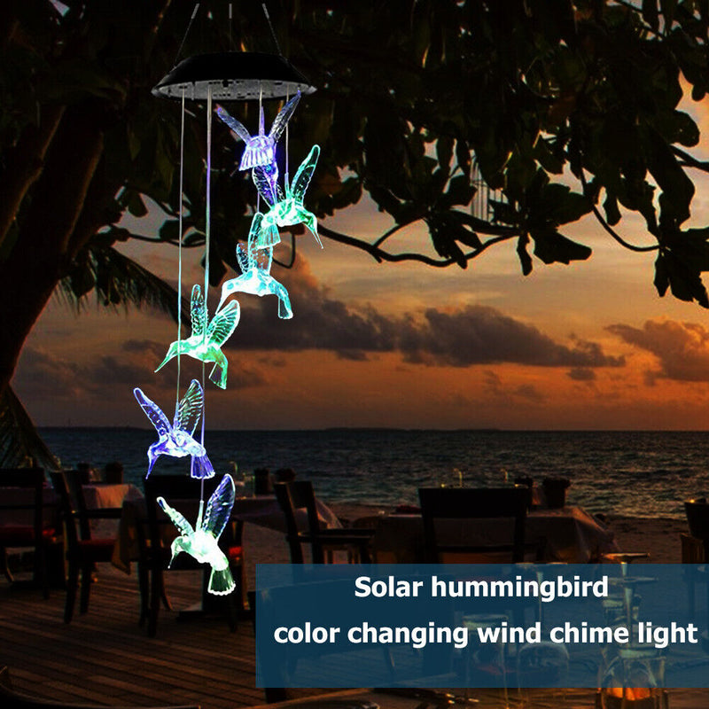 Solar LED Color Changing Wind Chime Lamps Hummingbird Pendant Lights (C) Newly