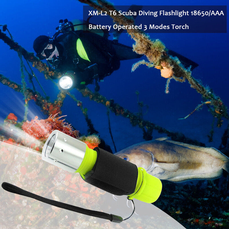 XM-L2 Scuba Diving Flashlight 18650/AAA Battery Operated T6 LED 3 Mode Torch