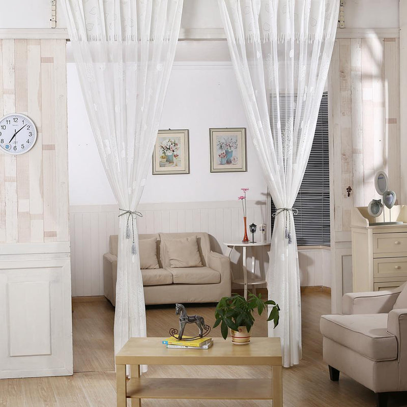 Leaf Print Tulle Voile Curtains Window Door Curtain for Living Room (White)