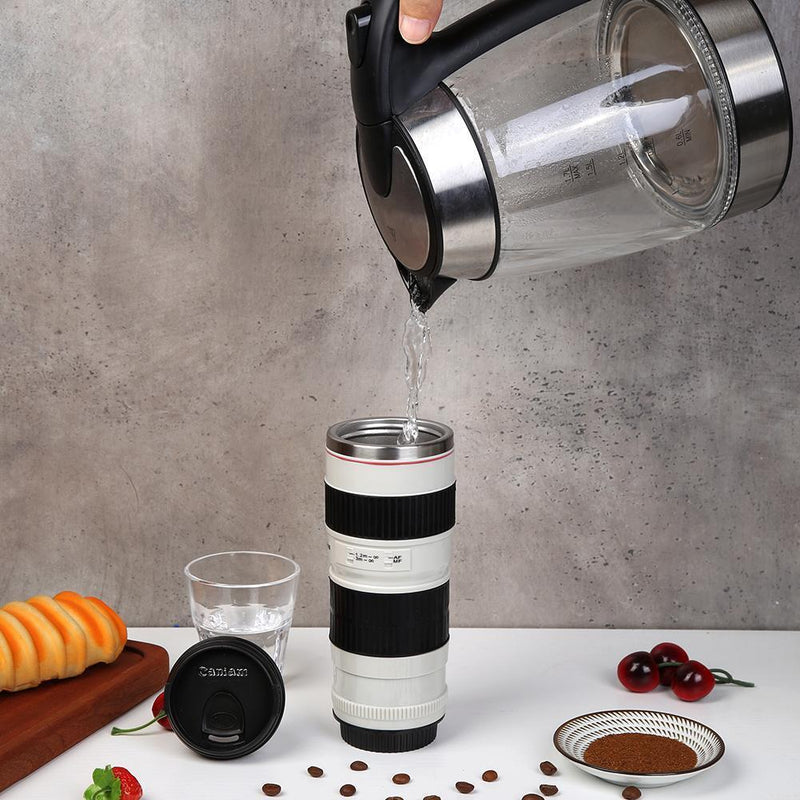 400mL Camera Lens Shaped Insulated Cups Stainless Steel Coffee Tea Mug with Lid