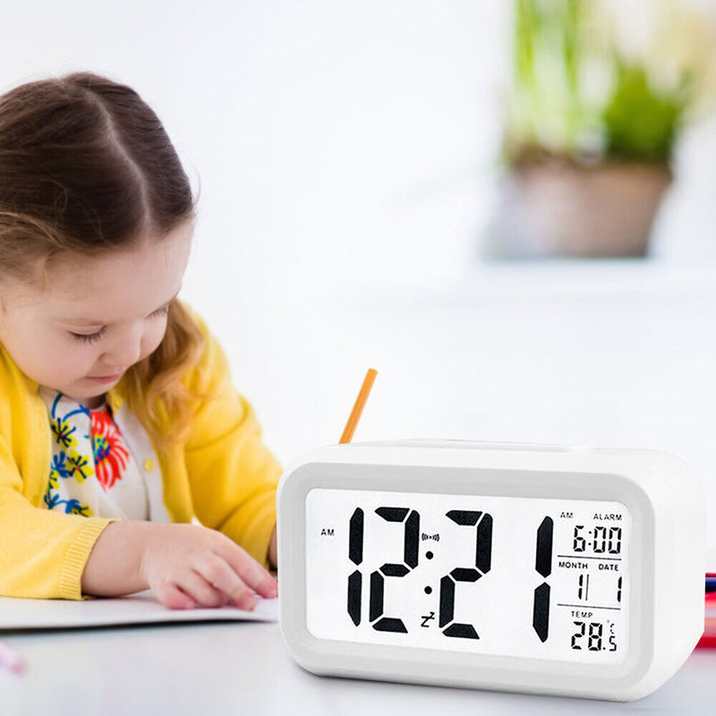 Temperature Alarm Clock LED Digital Backlight Calendar Snooze Clock (White)