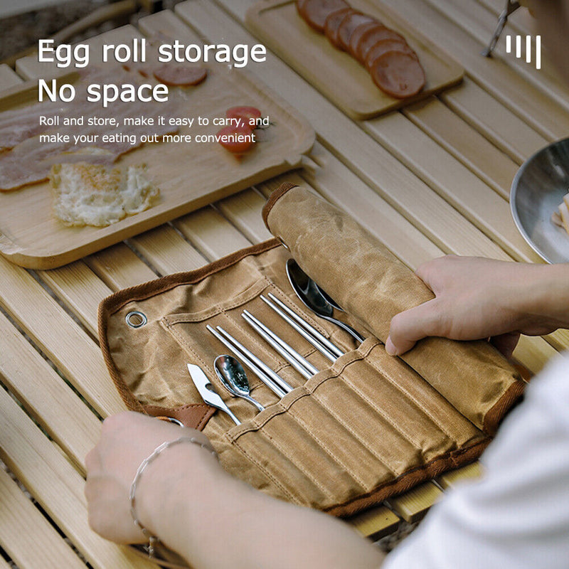 12pcs Camping Tableware Storage Bag Cutlery Organizer Roll BBQ Picnic Carry Case