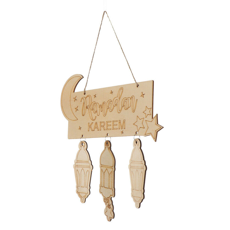 Wooden Eid Mubarak Hanging Lantern Pendant Table Ornament Crafts Accessories