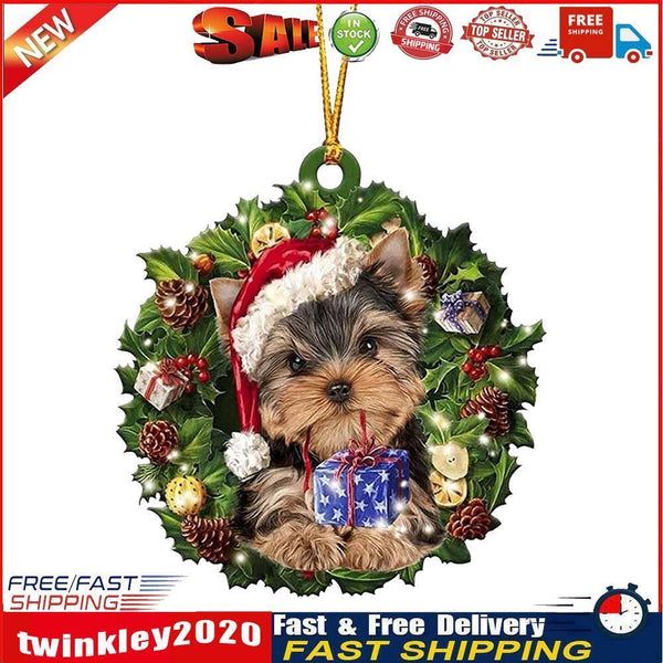 Christmas Wood Dog Wreath Pendant Home Wall Xmas Tree Festival Decor (A) Newly
