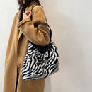 Women Fashion Zebra Stripes Cow Print Shoulder Bags Winter Plush Shopping Bag