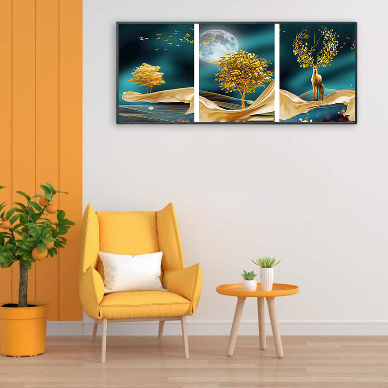 Canvas Paint By Numbers Golden Deer 3 Panel Oil Hand Painted Home Drawing Kit