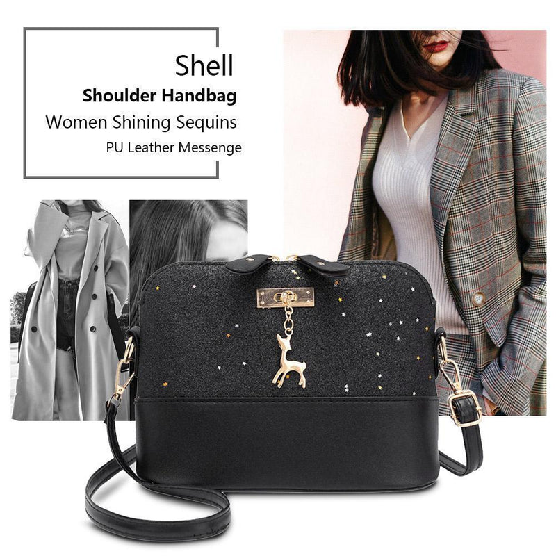 Shell Shoulder Handbag Women Shining Sequins PU Leather Messenger Bag/Black