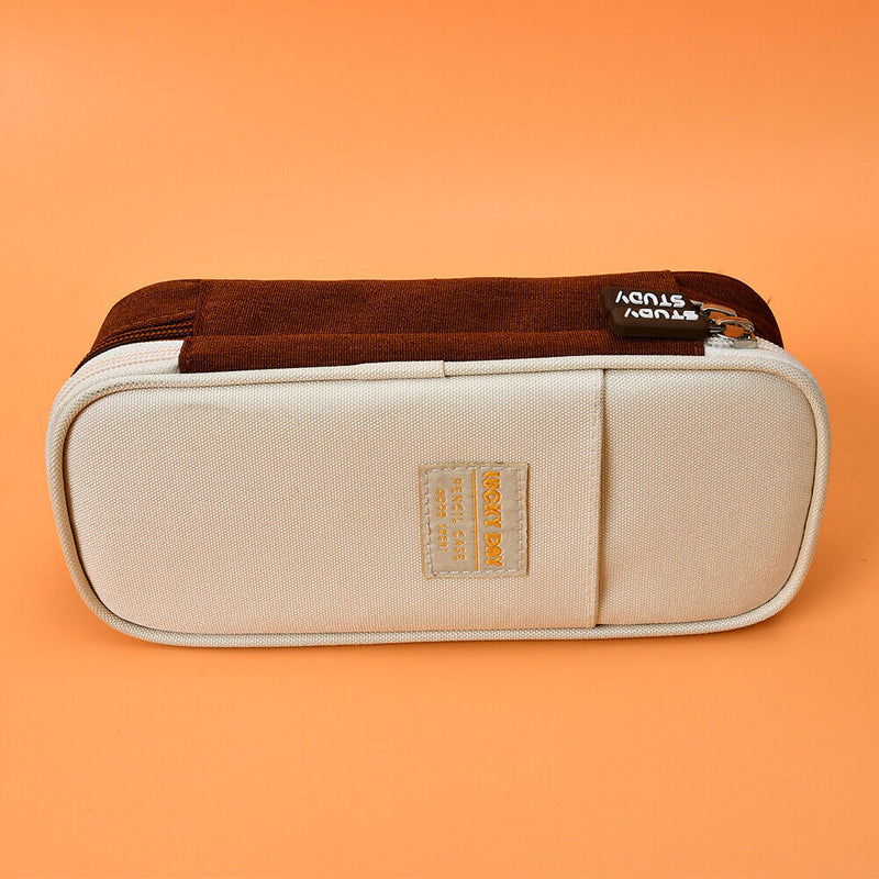 Canvas Pencil Case Double Layer Large Capacity Stationery Pen Box (Brown) Newly