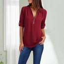 Fashion Chiffon Women Long Sleeve Tops V-neck Casual Pure Color Loose T-shirt