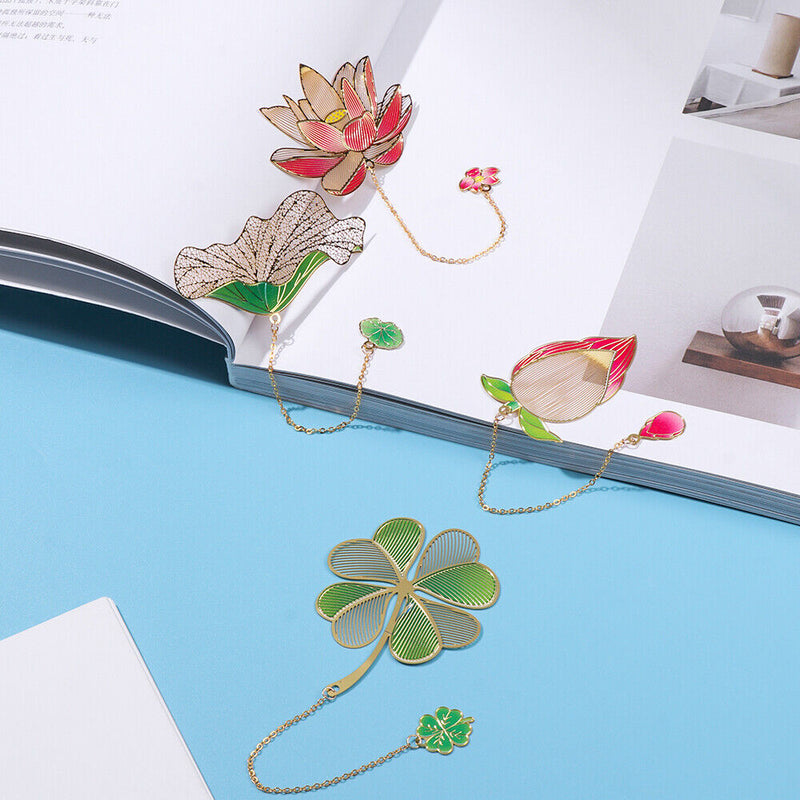 Style Pendant Lotus Leaf Brass Bookmark Book Clip Painted Pagination Mark